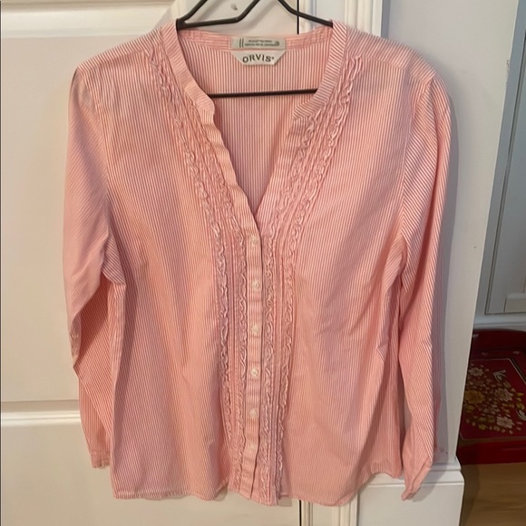 Orvis Tops - Orvis Pink Ruffled Long Sleeve  Button Blouse, size 14